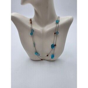 Turquoise & Brown Beads Necklace with Silvertone Dainty Chain 62"